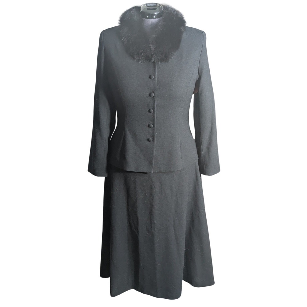 Vintage 90s Neiman Marcus Black Wool Fur Collar Skirt Suit Corporate Goth 16